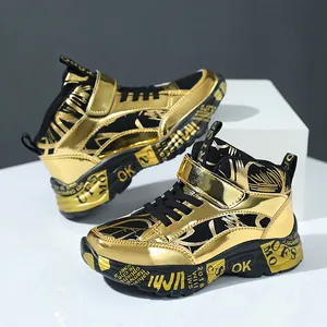Boys' metallic gold high-top sneakers with durable soles for running and outdoor sports.