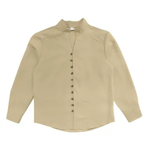 Detailed flat lay view of a men's retro khaki linen shirt with button-down front closure
