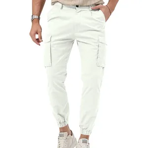 Detail of white men's cargo jogger pants with side pockets and elastic cuff hem