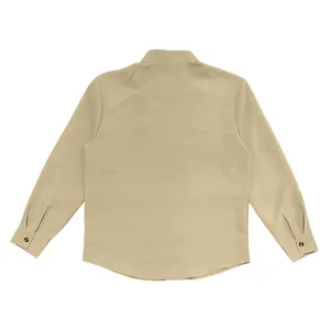 Rear view detail of a men's casual beige linen long-sleeve shirt with button cuffs