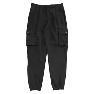 Men's black multi-pocket cargo jogger pants featuring elasticated cuffs for casual wear