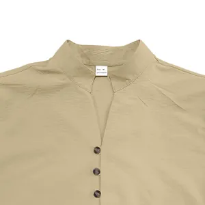 Detail view of men's retro casual shirt collar with three buttons and Size M tag.