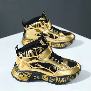 Boys golden high-top sports sneakers with metallic finish and graffiti pattern design