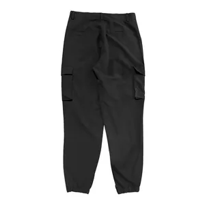 Rear view of black men's multi-pocket cargo jogger pants with elasticated cuffs
