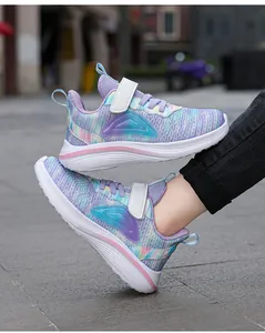 Side view of girls' breathable lightweight purple mesh running sneakers with Velcro strap