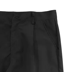 Detailed close-up view of black men's cargo pants showing waist button and pocket.