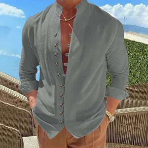 Close-up of grey men's retro linen long-sleeved casual shirt with wooden buttons