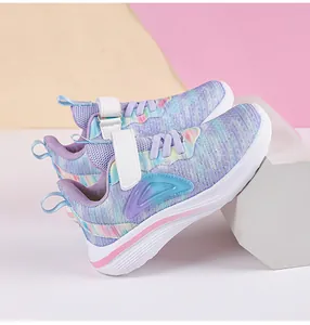 Detailed side view of girls' breathable mesh sneakers with purple and pink gradient colors