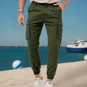 Casual men's olive green multi-pocket cargo jogger pants with elastic cuffs for outdoors