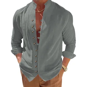 Close-up detail of a grey men's linen long sleeve shirt featuring a retro button design