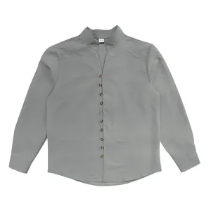 Front view of a grey men's vintage linen casual loose long sleeve stand collar shirt