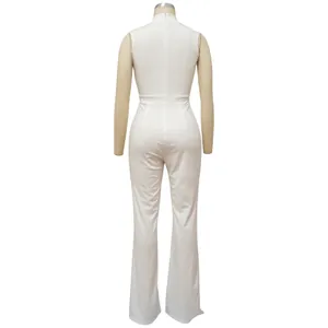 Back view of a white sleeveless mock-neck jumpsuit with wide-leg pants on a mannequin.