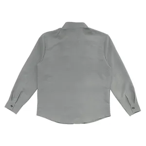 Back view of a grey retro linen men's casual loose long-sleeved shirt flat lay