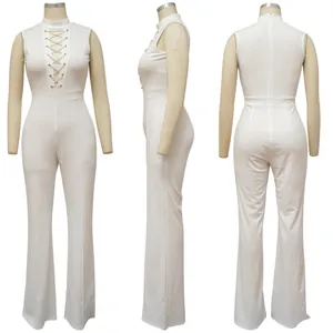 White sleeveless mock neck jumpsuit three-view display showing front, side and back details