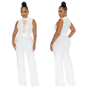 Front and back view of a white sleeveless mock-neck lace-up jumpsuit for women