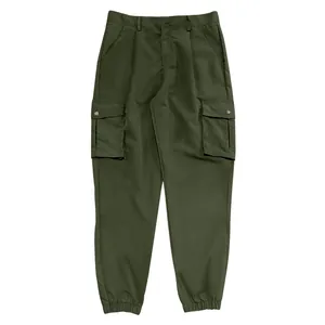 Front view of durable olive green cargo jogger pants with large side flap pockets