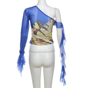 One-shoulder blue mesh long sleeve top with butterfly print detail and slim fit design