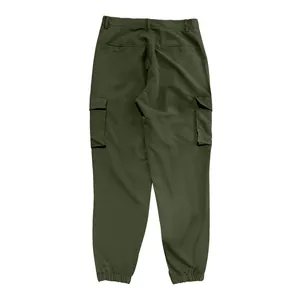 Detailed back view of men's olive green cargo pants featuring pockets and jogger cuffs