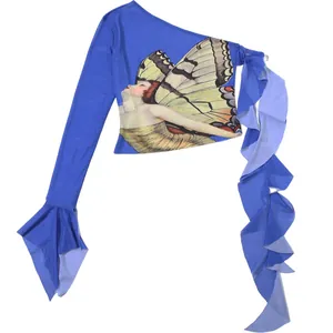 Close-up of Y2K vintage butterfly print one-shoulder top with ruffled streamers.