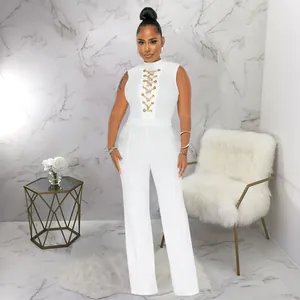 Elegant white sleeveless mock neck wide-leg jumpsuit with gold lace-up chain detail