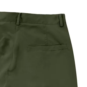 Close-up detail of army green cargo pants waist and back pocket stitching