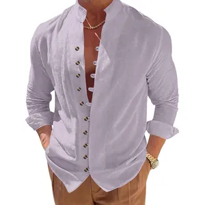 Detail of men's lavender linen long sleeve shirt with retro buttons and stand collar.