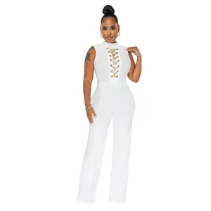 Elegant white sleeveless jumpsuit featuring a sexy lace-up chain front and wide leg trousers