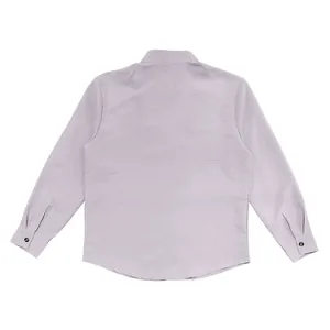 Back view of a men's vintage linen long sleeve casual shirt in light purple color
