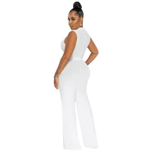 Detailed side view of a white sleeveless high-neck wide-leg jumpsuit for women