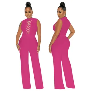 Elegant sleeveless fuchsia jumpsuit featuring a mock neck and leopard lace-up front