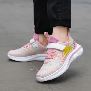 Breathable pink multi-color mesh running shoes for girls with convenient velcro strap