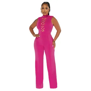 Sexy sleeveless rose pink high-neck wide-leg jumpsuit with gold chain lace-up detail