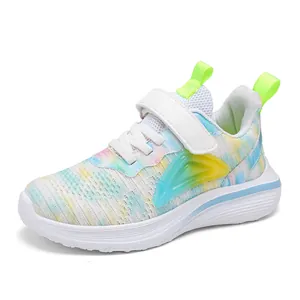 Lightweight breathable colorful mesh running shoes for girls with hook and loop strap