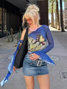 Sexy one-shoulder long sleeve mesh top with butterfly print and streamers for women