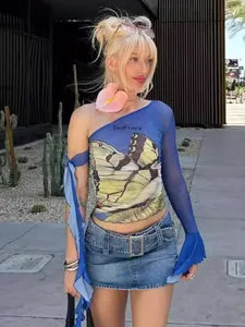 Sexy blue one-shoulder long sleeve mesh t-shirt featuring a large butterfly print design