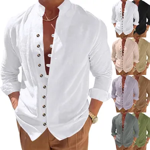Men's Vintage Linen Texture Casual Shirt Retro Stand Collar Long Sleeve Button Up Loose Fit Polyester Top