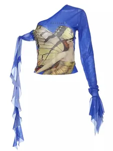 Slim fit blue one-shoulder mesh top with vintage butterfly graphic print and ruffles
