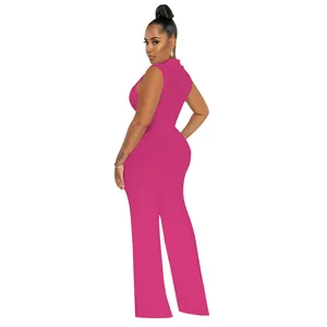 Side and back view of a woman wearing a vibrant pink high-neck sleeveless jumpsuit
