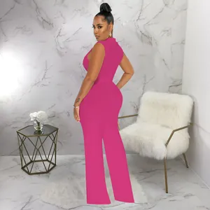 Elegant pink sleeveless high neck jumpsuit featuring stylish wide-leg pants for women