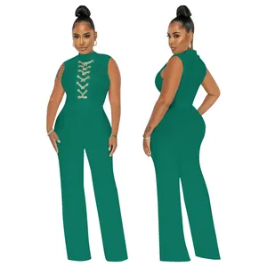 Front and side view of sexy green sleeveless high-neck wide-leg jumpsuit with lace-up