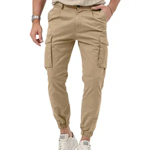Detailed macro view of men's khaki cargo jogger pants with functional side pockets