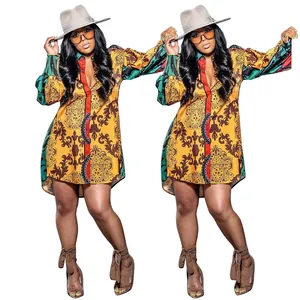 Detailed view of the vibrant fashion printed long sleeve loose shirt dress for women