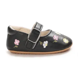 Schwarze bestickte Baby Mary Jane Schuhe mit Blumenmuster und rutschfester Sohle