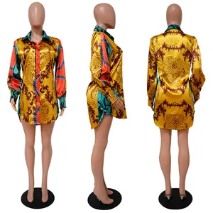 Three-way view of a vibrant baroque print long-sleeve loose shirt dress for women