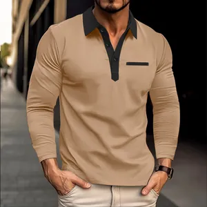 Close-up of men's long sleeve polo shirt in khaki with black contrast collar design