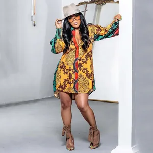 Women Retro Baroque Print Long Sleeve Shirt Dress Loose Single Breasted Lapel Midi Dress For Casual Daily Party Yellow
