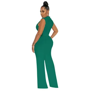 Rear view of stylish sleeveless high-neck dark green wide-leg jumpsuit shown on a model