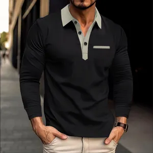 Close-up of men's long-sleeve polo shirt with contrasting collar and placket detail.