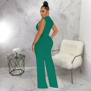 Elegant green sleeveless wide-leg jumpsuit with high neck and slim fit for women fashion