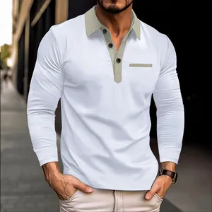 Detail view of men's white long-sleeved polo shirt with beige contrast collar and button placket